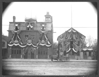 Brookline Fire Station bedecked with flags